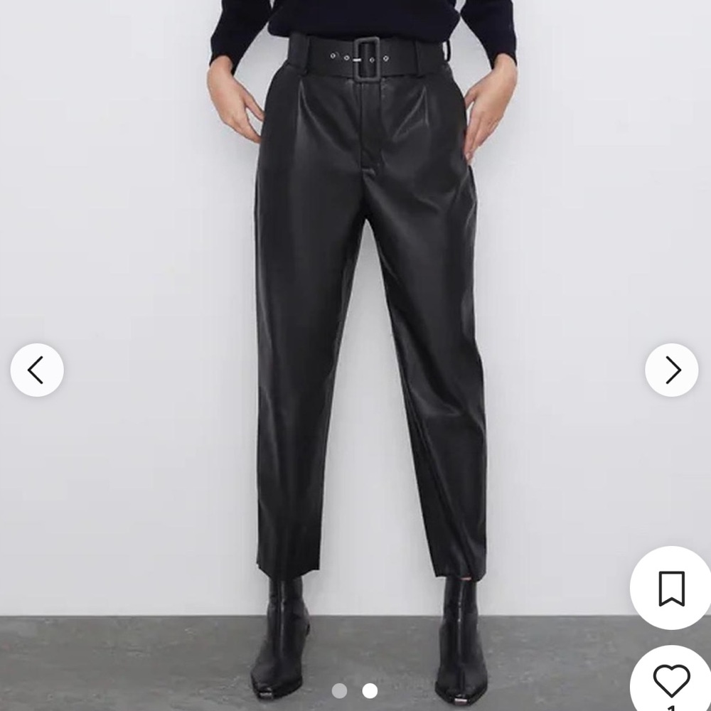 New Zara Black High Rise Pleated Faux Leather Pants Size Extra Small
